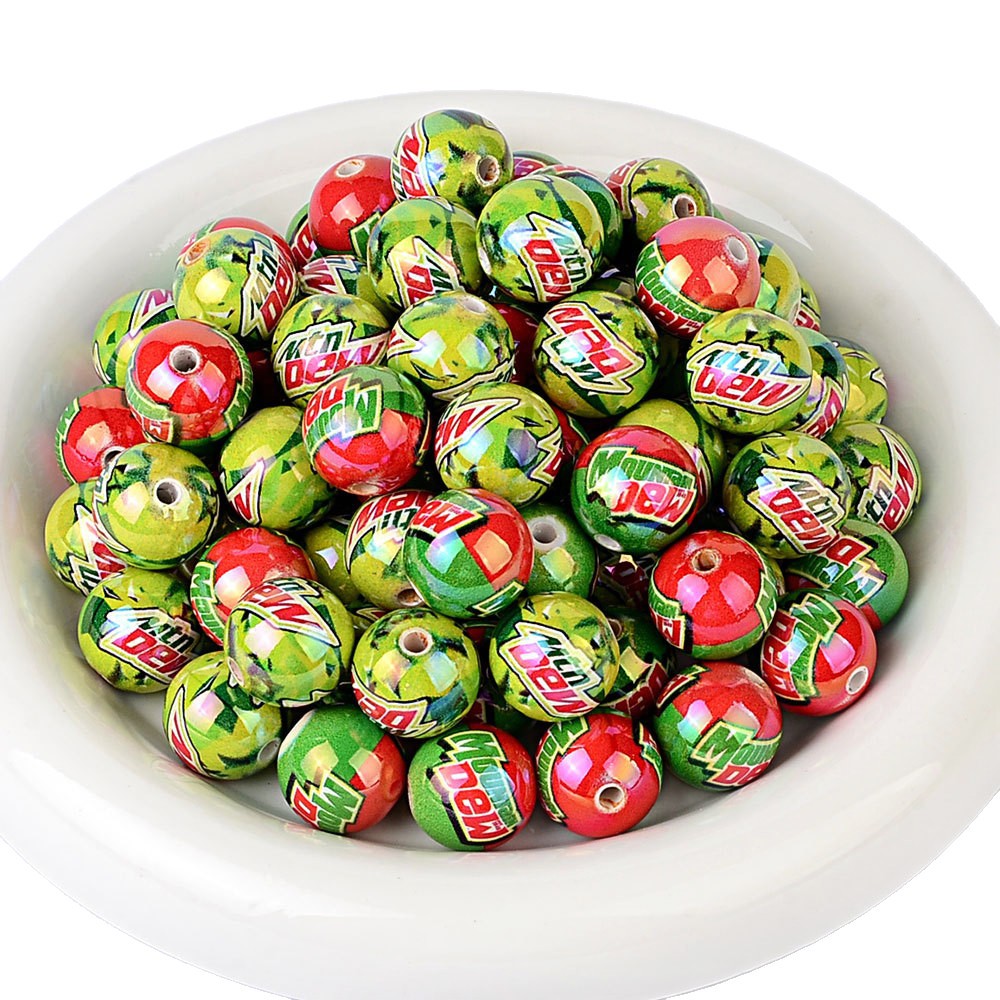Mountain Dew Inspired Acrylic Beads for Beadable Pens, Cute Neon Green Soda Logo Round Beads, Beverage Lover Gift Spacer Beads for Keychain DIY Crafts