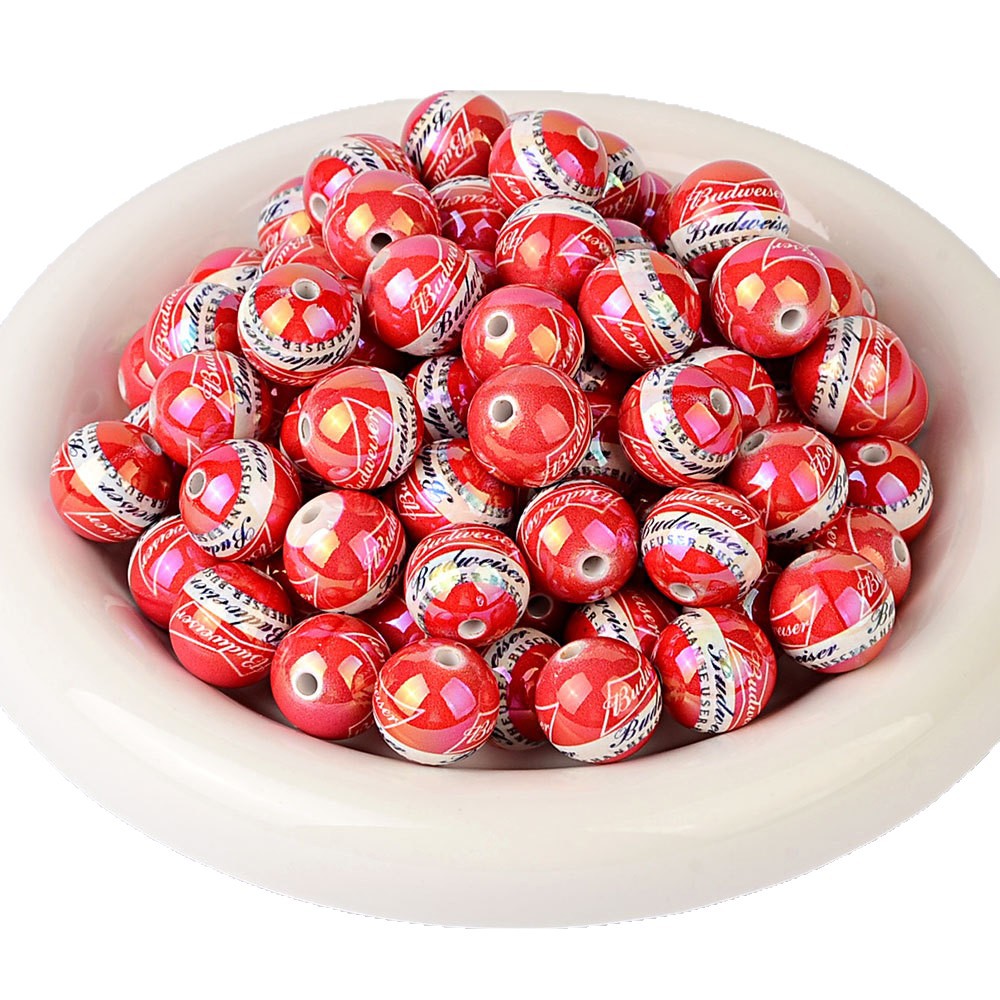 Iridescent Budweiser Inspired Acrylic Beads for Beadable Pens, Cute Red Beer Brand Round Beads, Beverage Lover Gift Spacer Beads for Keychain DIY Crafts