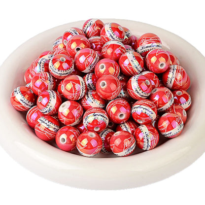 Iridescent Budweiser Inspired Acrylic Beads for Beadable Pens, Cute Red Beer Brand Round Beads, Beverage Lover Gift Spacer Beads for Keychain DIY Crafts