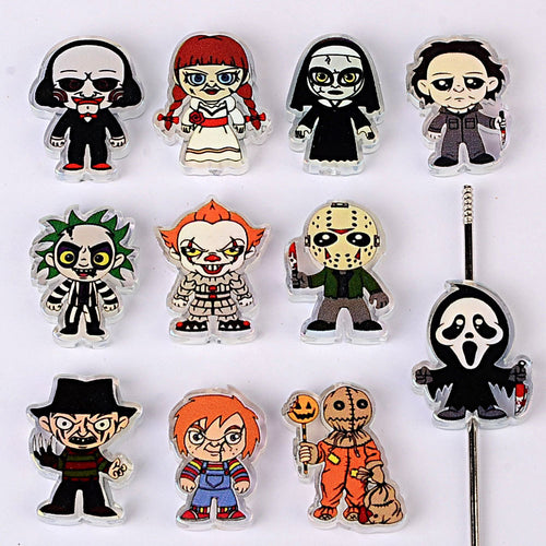 Spooky Horror Movie Chibi Beadable Pen Beads, Classic Villain Characters Focal Beads (saw, Chucky, Pennywise), Large Hole Acrylic Loose Beads for DIY Pens & Wristlets