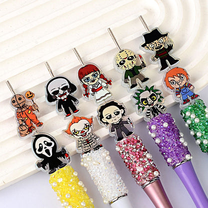 Spooky Horror Movie Chibi Beadable Pen Beads, Classic Villain Characters Focal Beads (saw, Chucky, Pennywise), Large Hole Acrylic Loose Beads for DIY Pens & Wristlets