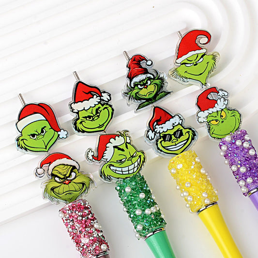 Christmas Green Monster Focal Charms - Cute Holiday Grinch Acrylic Focal Beads for Beadable Pens, Keychains & DIY Crafts