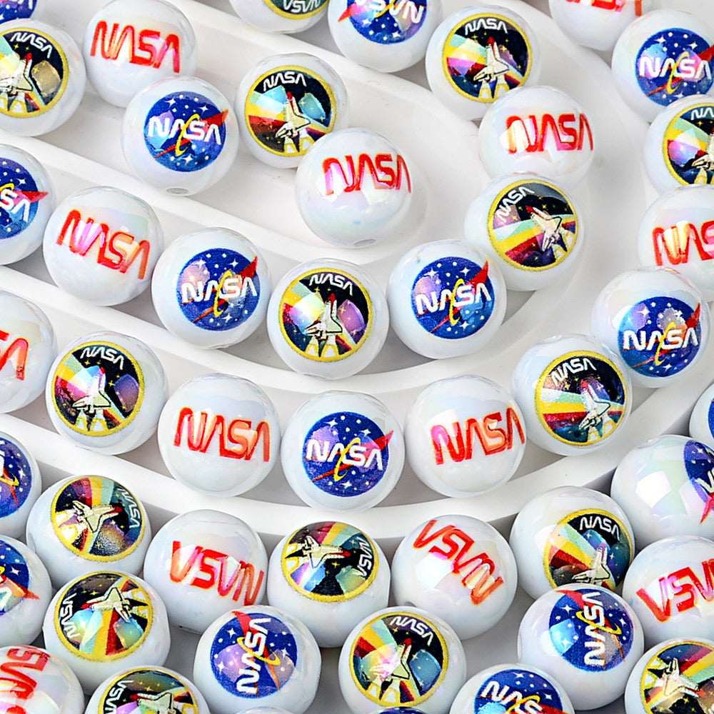 16mm Space Agency NASA Printed Pearl Round Beads Bulk – Meatball & Worm Logo, Space Shuttle Bubblegum Beads for DIY Crafts