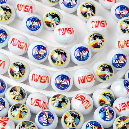 16mm Space Agency NASA Printed Pearl Round Beads Bulk – Meatball & Worm Logo, Space Shuttle Bubblegum Beads for DIY Crafts