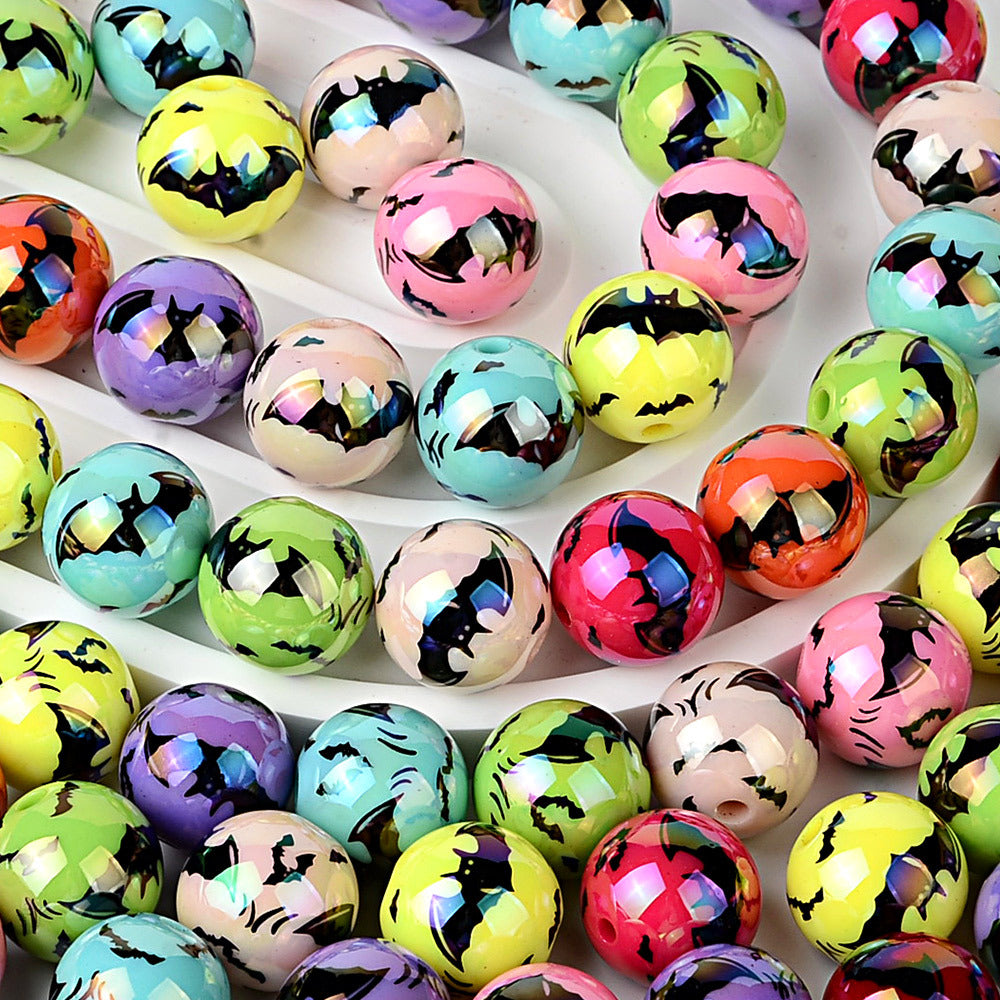 16mm Iridescent Halloween Flying Bat Printed Round Beads Bulk – AB Pearl Spooky Bat Bubblegum Beads for Beadable Pens & DIY Crafts