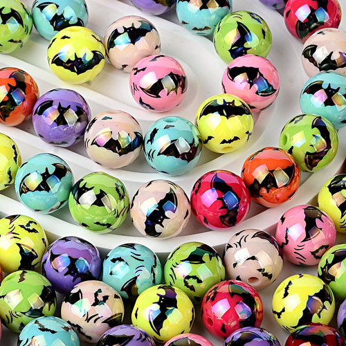 16mm Iridescent Halloween Flying Bat Printed Round Beads Bulk – AB Pearl Spooky Bat Bubblegum Beads for Beadable Pens & DIY Crafts