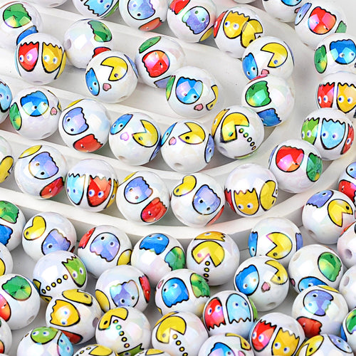 16mm Retro Arcade Game Printed Pearl Round Beads Bulk – AB Pearl Pac-Dots & Ghosts Bubblegum Beads for Beadable Pens & DIY Crafts