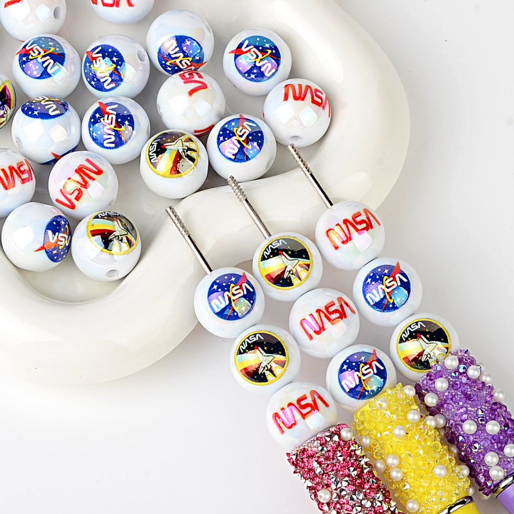 16mm Space Agency NASA Printed Pearl Round Beads Bulk – Meatball & Worm Logo, Space Shuttle Bubblegum Beads for DIY Crafts