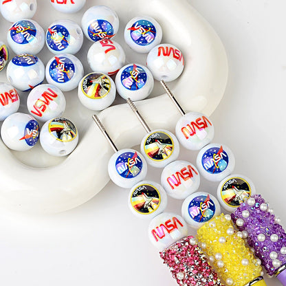 16mm Space Agency NASA Printed Pearl Round Beads Bulk – Meatball & Worm Logo, Space Shuttle Bubblegum Beads for DIY Crafts