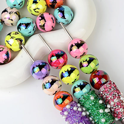 16mm Iridescent Halloween Flying Bat Printed Round Beads Bulk – AB Pearl Spooky Bat Bubblegum Beads for Beadable Pens & DIY Crafts