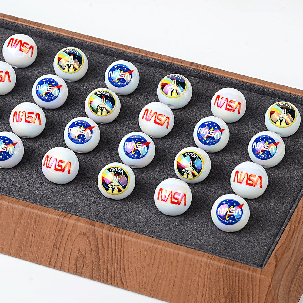 16mm Space Agency NASA Printed Pearl Round Beads Bulk – Meatball & Worm Logo, Space Shuttle Bubblegum Beads for DIY Crafts