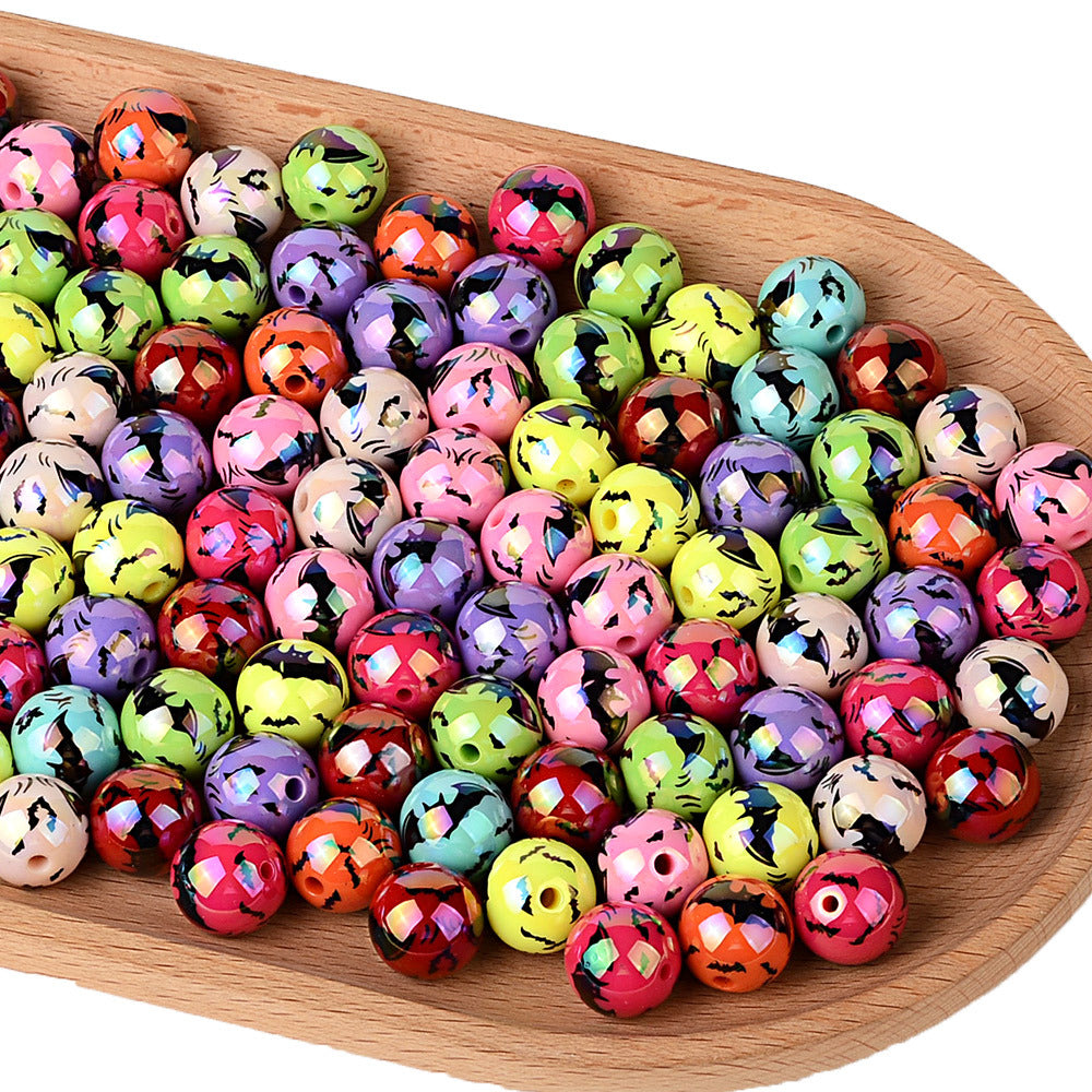 16mm Iridescent Halloween Flying Bat Printed Round Beads Bulk – AB Pearl Spooky Bat Bubblegum Beads for Beadable Pens & DIY Crafts