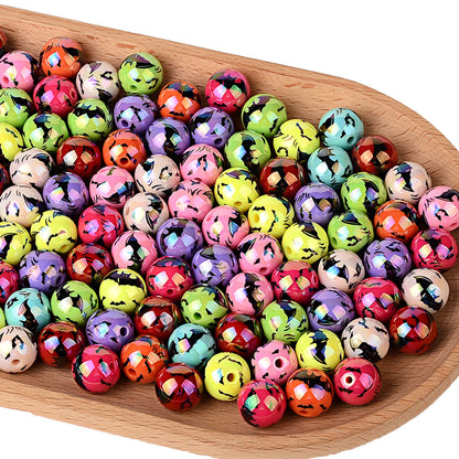 16mm Iridescent Halloween Flying Bat Printed Round Beads Bulk – AB Pearl Spooky Bat Bubblegum Beads for Beadable Pens & DIY Crafts