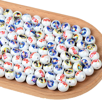 16mm Space Agency NASA Printed Pearl Round Beads Bulk – Meatball & Worm Logo, Space Shuttle Bubblegum Beads for DIY Crafts
