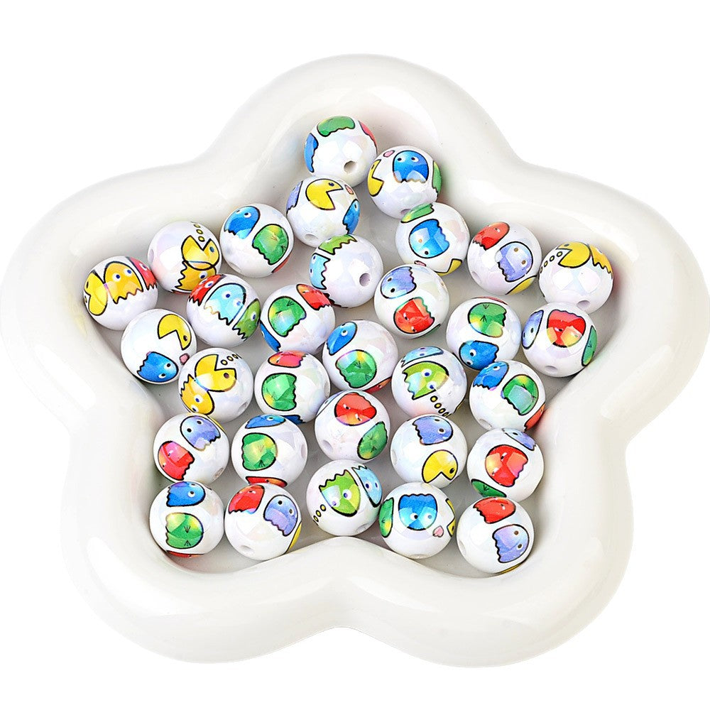 16mm Retro Arcade Game Printed Pearl Round Beads Bulk – AB Pearl Pac-Dots & Ghosts Bubblegum Beads for Beadable Pens & DIY Crafts