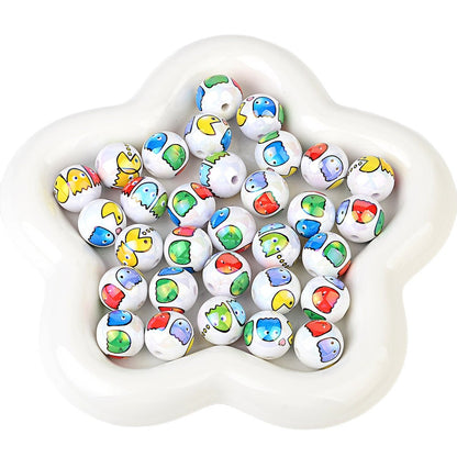 16mm Retro Arcade Game Printed Pearl Round Beads Bulk – AB Pearl Pac-Dots & Ghosts Bubblegum Beads for Beadable Pens & DIY Crafts