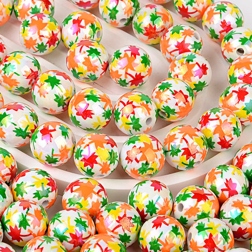 16MM Fall Autumn Maple Leaf Acrylic Round Beads – Iridescent AB Fall Foliage Bubblegum Spacer Beads for DIY Beadable Pens, Keychains & Thanksgiving Crafts