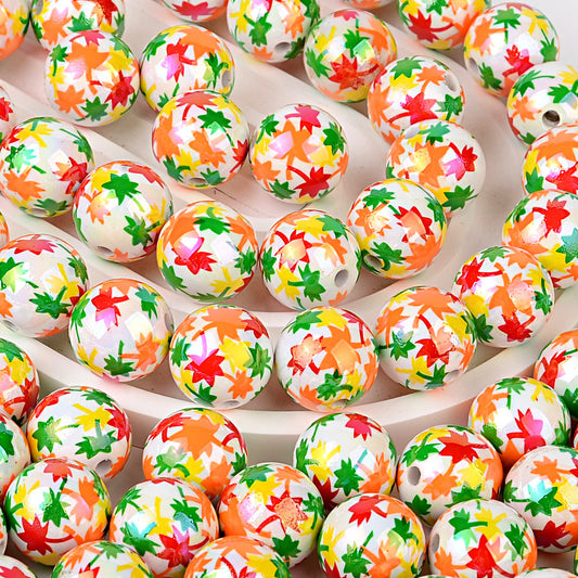 16MM Fall Autumn Maple Leaf Acrylic Round Beads – Iridescent AB Fall Foliage Bubblegum Spacer Beads for DIY Beadable Pens, Keychains & Thanksgiving Crafts