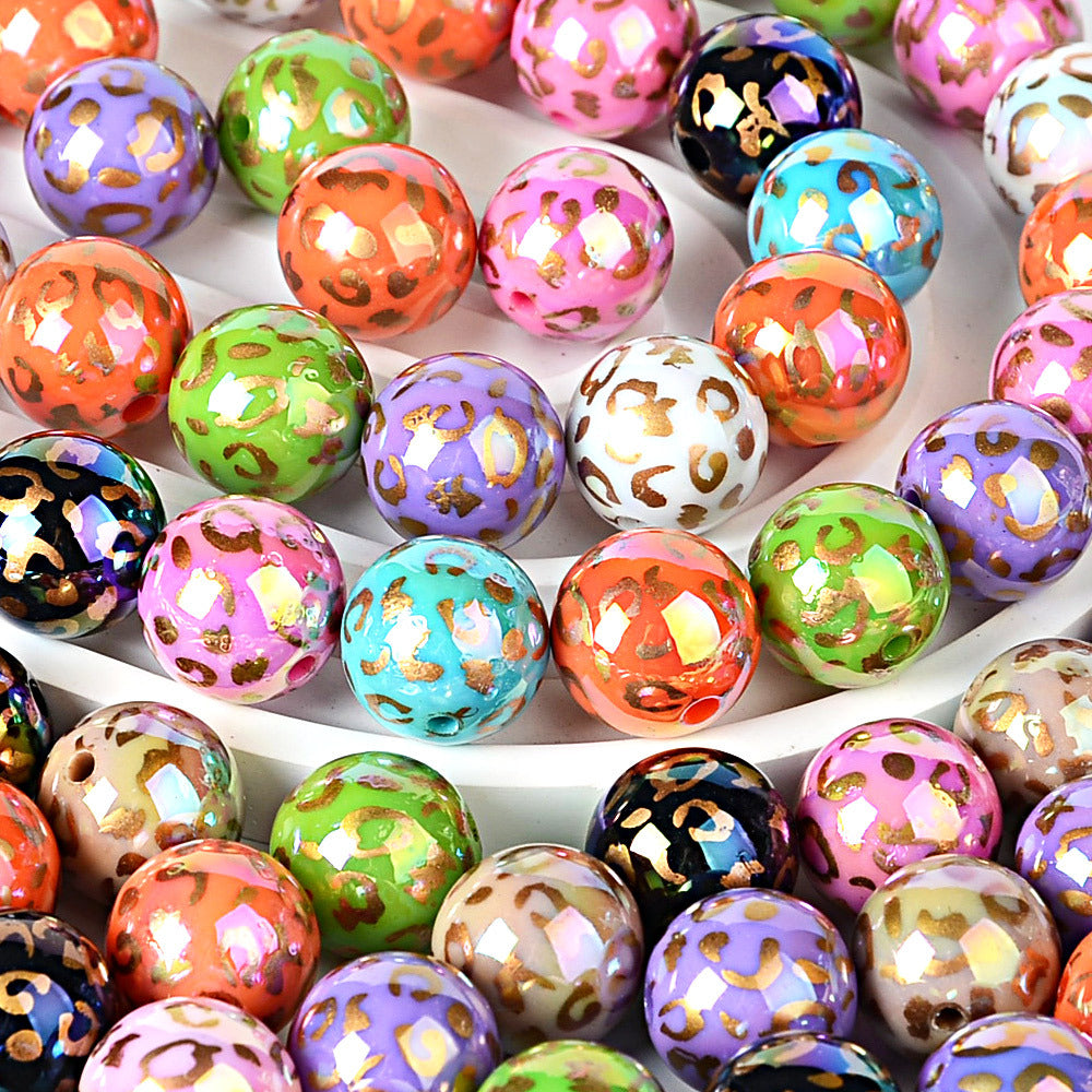 16MM Gold Leopard Print Acrylic Round Beads – Iridescent AB Cheetah Pattern Bubblegum Spacer Beads for DIY Beadable Pens, Keychains & Jewelry