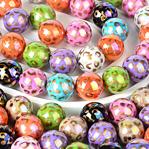 16MM Gold Leopard Print Acrylic Round Beads – Iridescent AB Cheetah Pattern Bubblegum Spacer Beads for DIY Beadable Pens, Keychains & Jewelry
