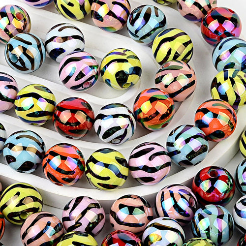 16MM Iridescent Zebra Print Acrylic Round Beads – AB Rainbow Animal Stripe Bubblegum Spacer Beads for DIY Beadable Pens, Keychains & Jewelry