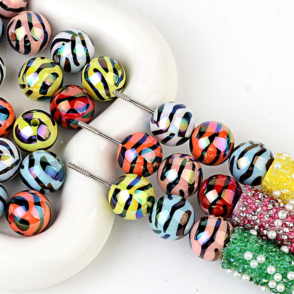 16MM Iridescent Zebra Print Acrylic Round Beads – AB Rainbow Animal Stripe Bubblegum Spacer Beads for DIY Beadable Pens, Keychains & Jewelry