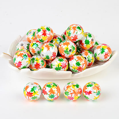 16MM Fall Autumn Maple Leaf Acrylic Round Beads – Iridescent AB Fall Foliage Bubblegum Spacer Beads for DIY Beadable Pens, Keychains & Thanksgiving Crafts