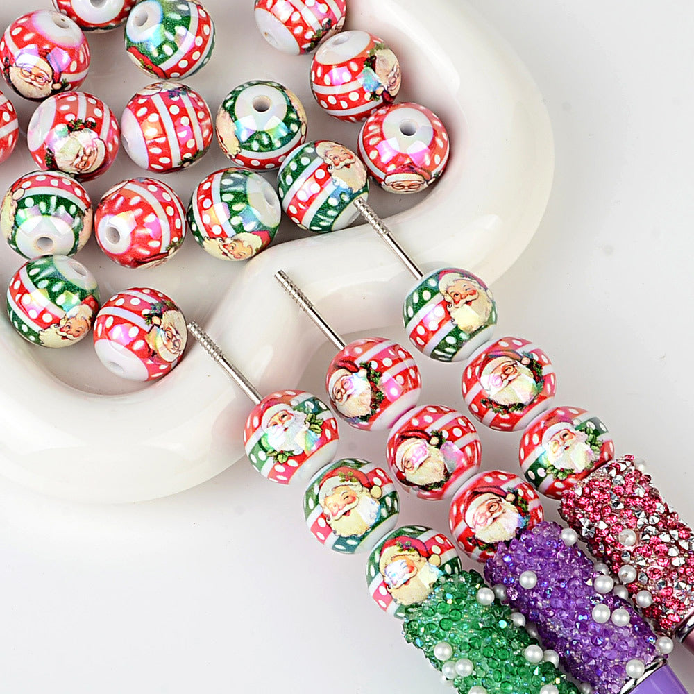 16MM Vintage Christmas Santa Claus Printed Round Beads – 20mm Acrylic Bubblegum Beads for Beadable Pens, Keychains & Holiday Jewelry Crafts