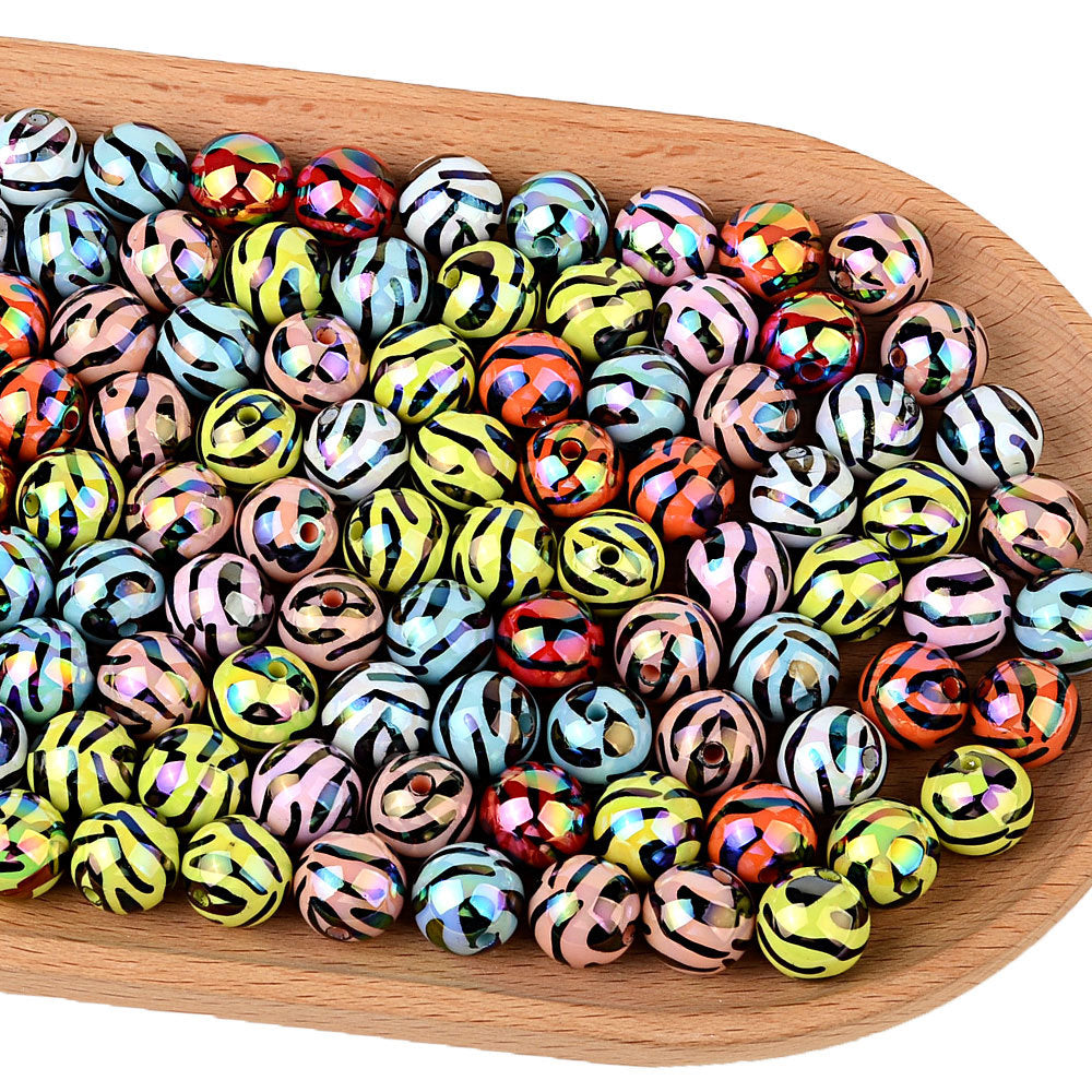 16MM Iridescent Zebra Print Acrylic Round Beads – AB Rainbow Animal Stripe Bubblegum Spacer Beads for DIY Beadable Pens, Keychains & Jewelry