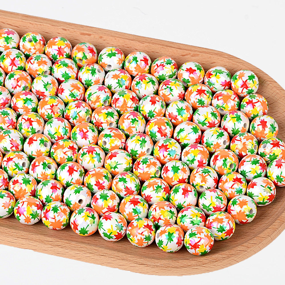 16MM Fall Autumn Maple Leaf Acrylic Round Beads – Iridescent AB Fall Foliage Bubblegum Spacer Beads for DIY Beadable Pens, Keychains & Thanksgiving Crafts
