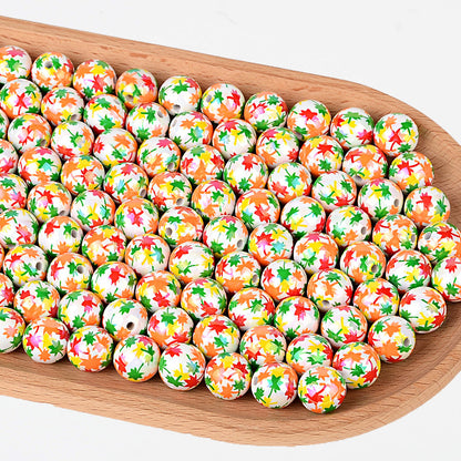 16MM Fall Autumn Maple Leaf Acrylic Round Beads – Iridescent AB Fall Foliage Bubblegum Spacer Beads for DIY Beadable Pens, Keychains & Thanksgiving Crafts