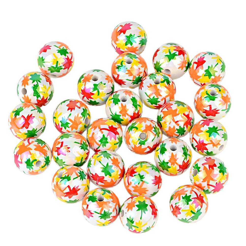 16MM Fall Autumn Maple Leaf Acrylic Round Beads – Iridescent AB Fall Foliage Bubblegum Spacer Beads for DIY Beadable Pens, Keychains & Thanksgiving Crafts