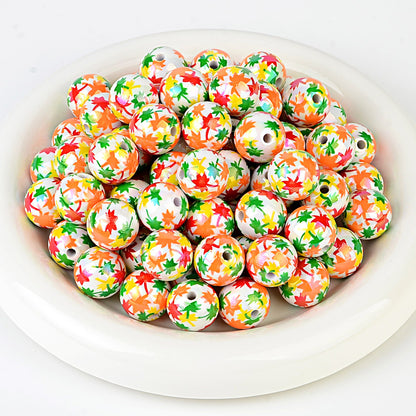 16MM Fall Autumn Maple Leaf Acrylic Round Beads – Iridescent AB Fall Foliage Bubblegum Spacer Beads for DIY Beadable Pens, Keychains & Thanksgiving Crafts