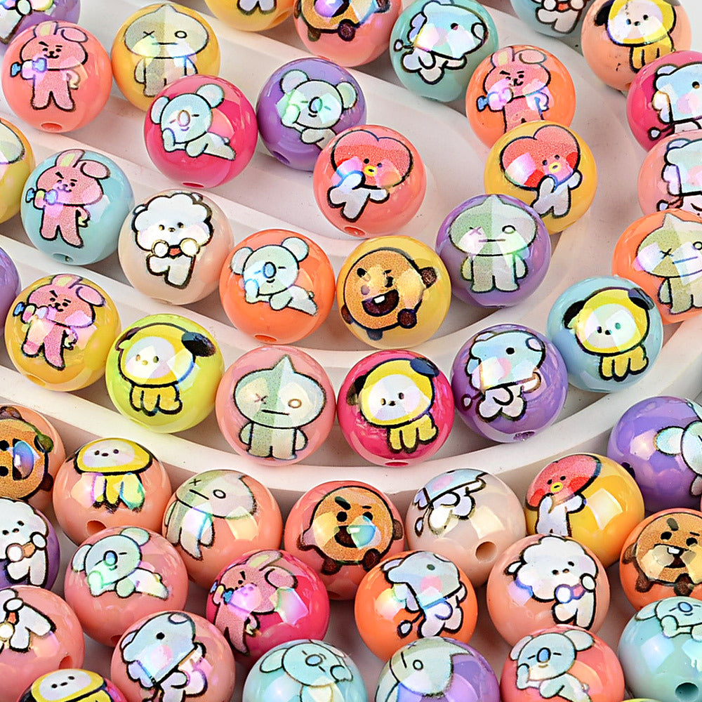 Cartoon Character Printed Round Beads for Beadable Pens - Colorful Acrylic & Silicone Spacer Focal Beads for DIY Pen Making & Keychains