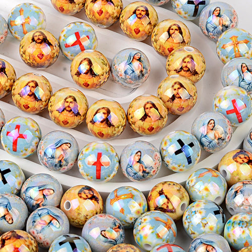 Christian Religious Printed Round Acrylic Beads - Jesus Sacred Heart, Virgin Mary & Cross Spacer Beads for Beadable Pens & Rosary Making