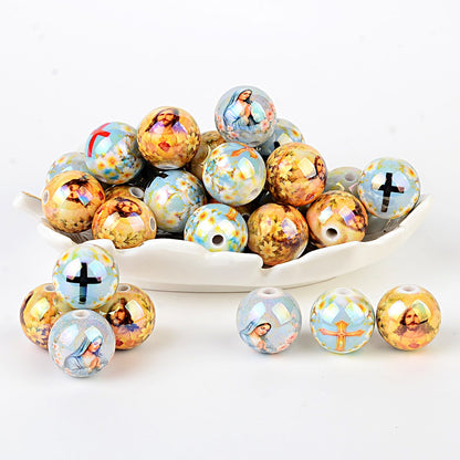 Christian Religious Printed Round Acrylic Beads - Jesus Sacred Heart, Virgin Mary & Cross Spacer Beads for Beadable Pens & Rosary Making