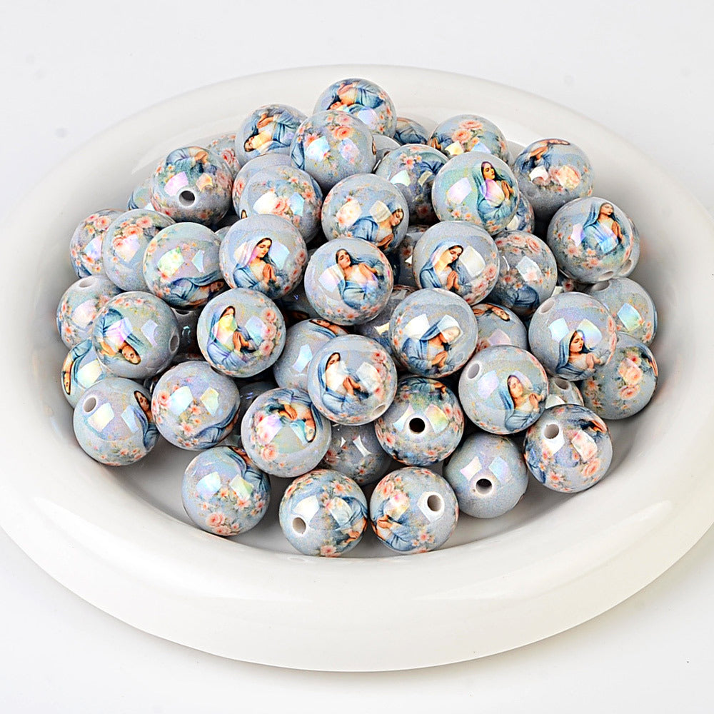 Christian Religious Printed Round Acrylic Beads - Jesus Sacred Heart, Virgin Mary & Cross Spacer Beads for Beadable Pens & Rosary Making