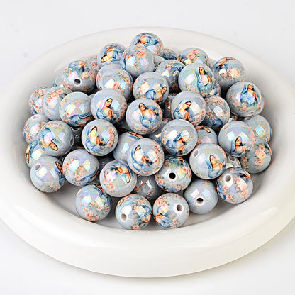 Christian Religious Printed Round Acrylic Beads - Jesus Sacred Heart, Virgin Mary & Cross Spacer Beads for Beadable Pens & Rosary Making