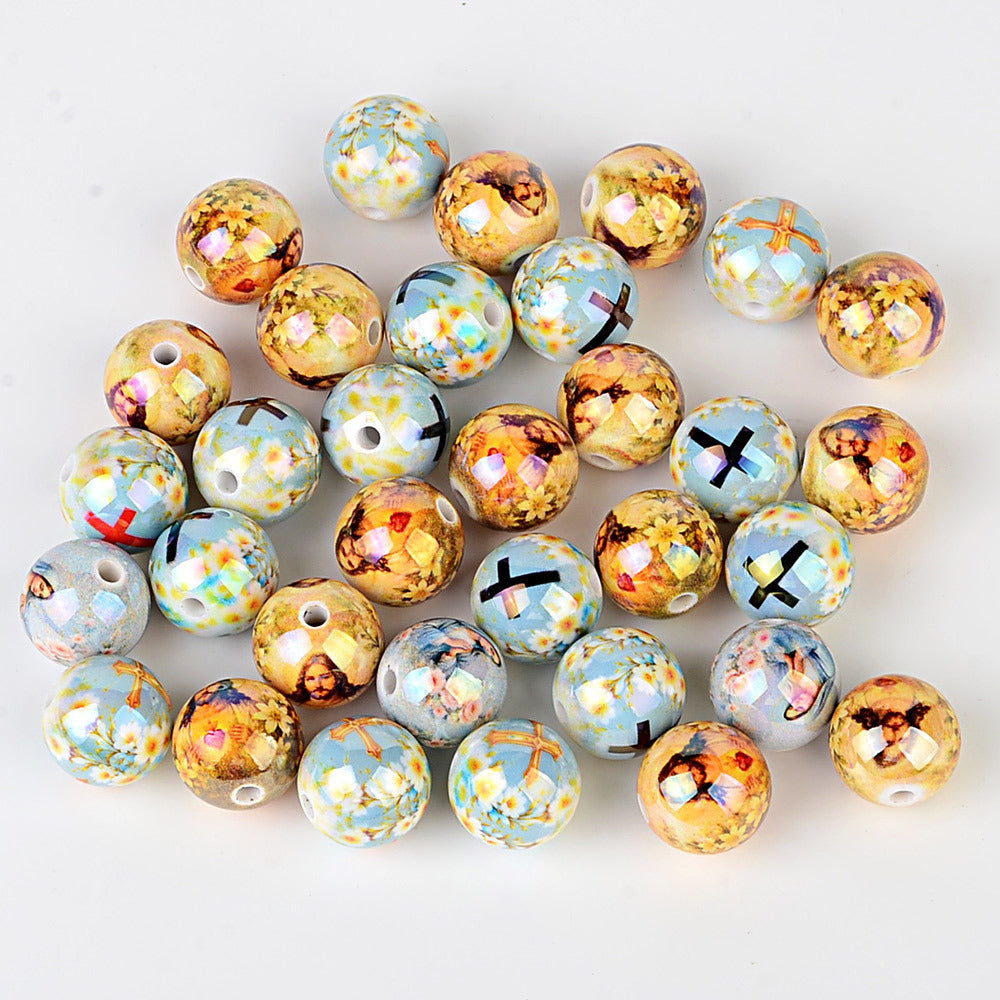 Christian Religious Printed Round Acrylic Beads - Jesus Sacred Heart, Virgin Mary & Cross Spacer Beads for Beadable Pens & Rosary Making