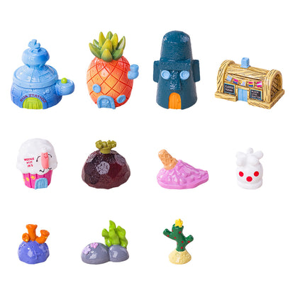 Cute Undersea Cartoon Town Miniature Scene Statues, Resin Micro Underwater Buildings & Coral Reef Ornaments for Aquarium, Desk Display, Car Dashboard Decor