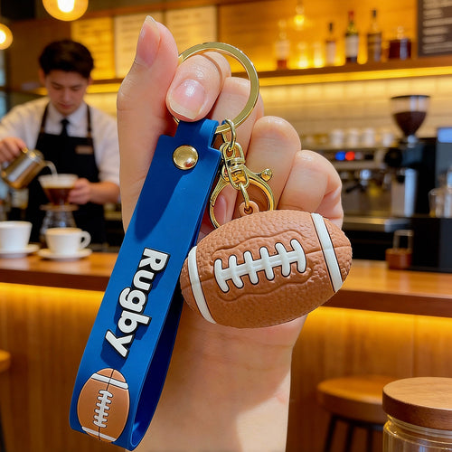 3D Sports Ball Keychain with Wristlet Strap, Mini Basketball Football Tennis Rugby Volleyball Bag Charm Pendant for Backpack, Car Keys, Sports Fan Gift
