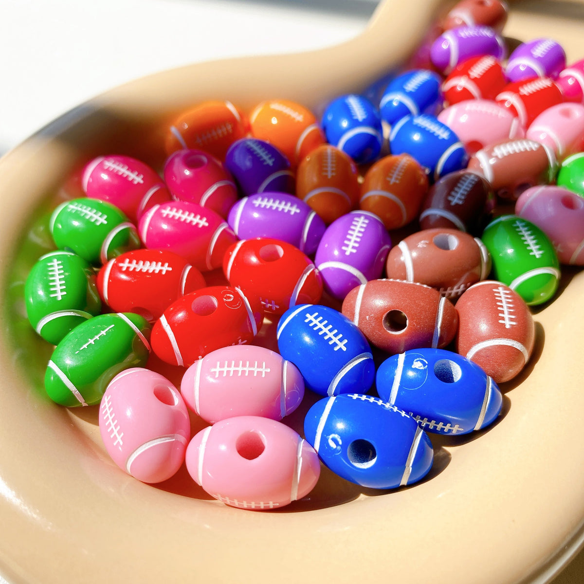 Colorful American Football Beads Large Hole (19x12mm, 3.5mm Hole), Silicone/Resin Sports Rugby Beads for DIY Beaded Pens, Wristlets, Keychains & Game Day Crafts