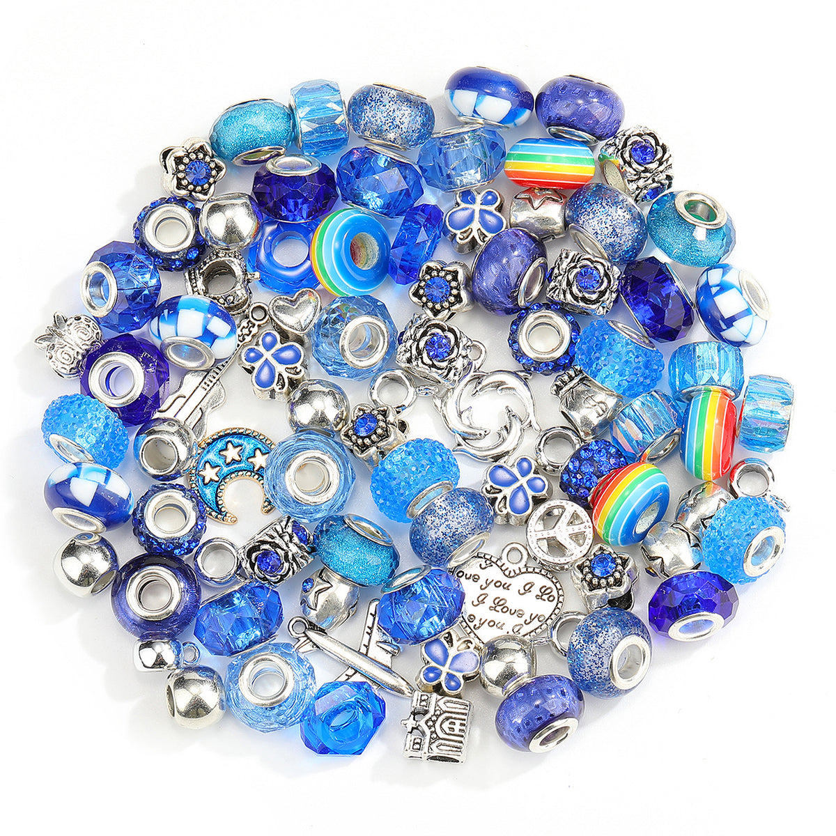 100PCS European Large Hole Beads Assortment Set, Royal Blue Crystal Glass Spacer Beads & Silver Alloy Dangle Charms for DIY Beaded Pens, Charm Bracelets, Keychain Crafts