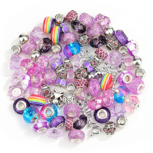 100PCS European Large Hole Beads Assortment Set, Royal Blue Crystal Glass Spacer Beads & Silver Alloy Dangle Charms for DIY Beaded Pens, Charm Bracelets, Keychain Crafts
