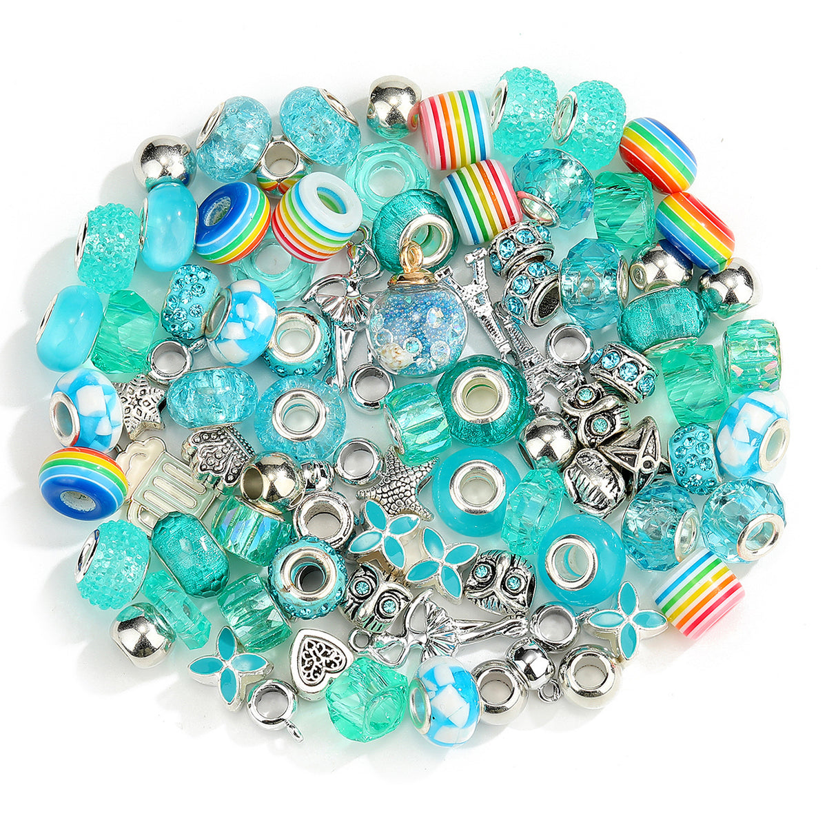 100PCS European Large Hole Beads Assortment Set, Royal Blue Crystal Glass Spacer Beads & Silver Alloy Dangle Charms for DIY Beaded Pens, Charm Bracelets, Keychain Crafts