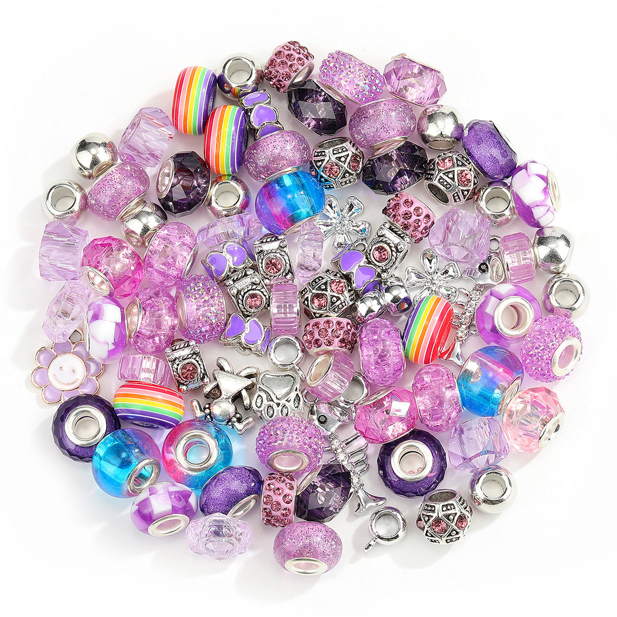 100PCS European Large Hole Beads Assortment Set, Royal Blue Crystal Glass Spacer Beads & Silver Alloy Dangle Charms for DIY Beaded Pens, Charm Bracelets, Keychain Crafts