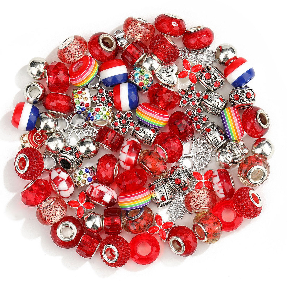 100PCS European Large Hole Beads Assortment Set, Royal Blue Crystal Glass Spacer Beads & Silver Alloy Dangle Charms for DIY Beaded Pens, Charm Bracelets, Keychain Crafts
