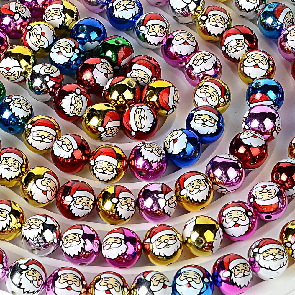 16mm Metallic Christmas Round Beads (2.5mm Hole), Shiny Plated Santa & Snowflake Holiday Acrylic Beads for DIY Beaded Pens, Keychains, Craft Making Supplies