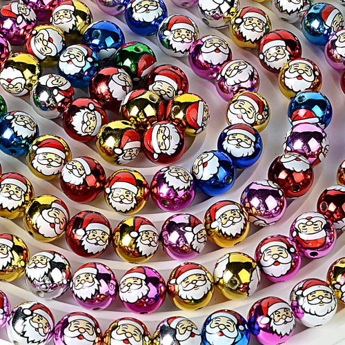 16mm Metallic Christmas Round Beads (2.5mm Hole), Shiny Plated Santa & Snowflake Holiday Acrylic Beads for DIY Beaded Pens, Keychains, Craft Making Supplies