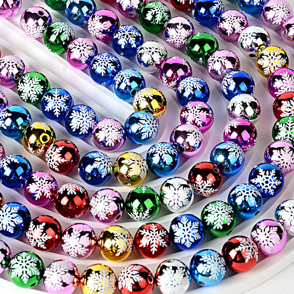 16mm Metallic Christmas Round Beads (2.5mm Hole), Shiny Plated Santa & Snowflake Holiday Acrylic Beads for DIY Beaded Pens, Keychains, Craft Making Supplies